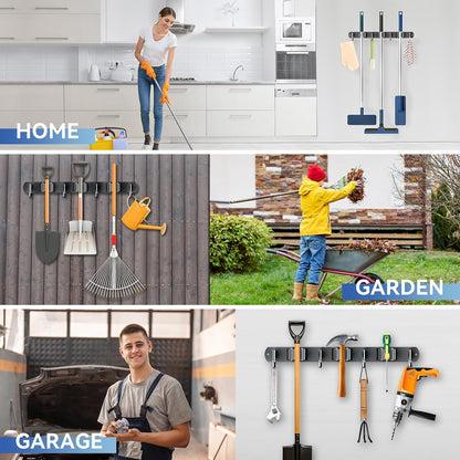 ZONGOOL 2 Pack Mop Broom Holder Wall Mount 4 Racks 5 Hooks Storage Black | 304 Rustproof Stainless Steel Broom Hanger, Non-Slip Wall Mount Organizer, Space Saving For Kitchen, Laundry, Garden