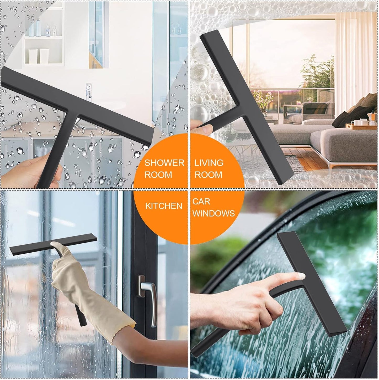 Silicone Shower Squeegee, Black, 9 inch | All-Purpose, For Shower Glass Door Window Mirror Tile Car Walls, 2 Hooks Included, Bathroom Accessories