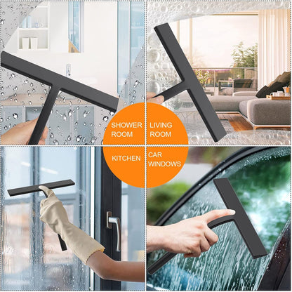 Silicone Shower Squeegee, Black, 9 inch | All-Purpose, For Shower Glass Door Window Mirror Tile Car Walls, 2 Hooks Included, Bathroom Accessories