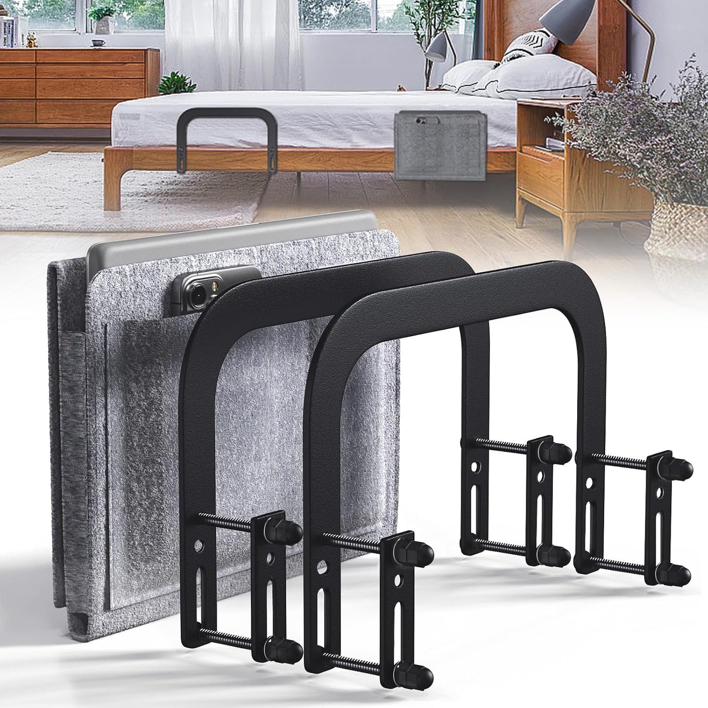 Mattress Slide Stopper With Bedside Caddy For Metal Frame Extra Tall Adjustable Mattress Retainer Bar For Bed Keep Mattres Topper From Sliding Non Slip Mattresses Gripper Gasket Holder Bracket