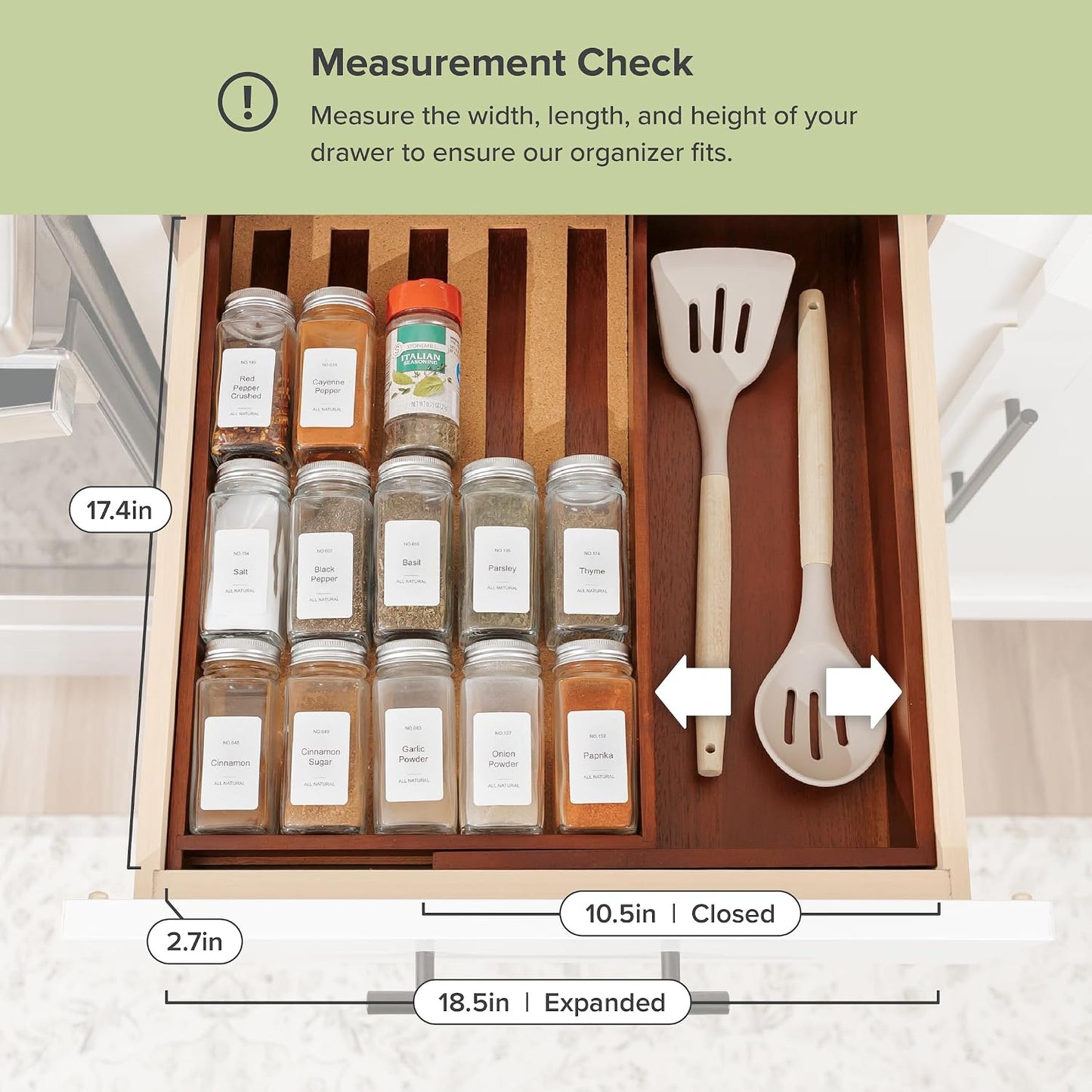Expandable Spice Drawer Organizer, Bamboo | Holds up to 15 spice jars (not included), non-slip feet, 100% sustainable bamboo wood