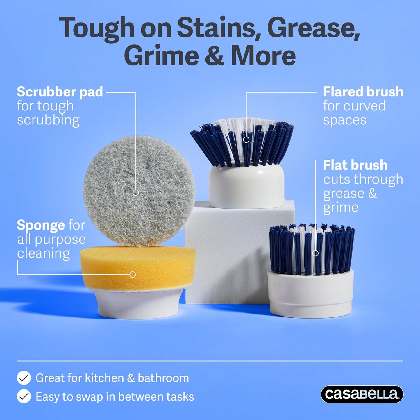 Casabella Power Spin Scrubber, Extendable to 47.5” – Cordless Electric Cleaner for Shower, Kitchen, Bathroom, Tile, Tub, Car, Deck - Rechargeable Spin Brush with Adjustable Brush Head & 4 Attachments