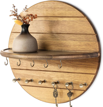 Rebee Vision Pine Wood Round Key Holder Wall Mount for Home Decor, Brown | Round Corner, Key Hooks for Dog leashes & Sunglasses, Display Shelf for Plant & Letters, Mail Organizer, Home Essentials