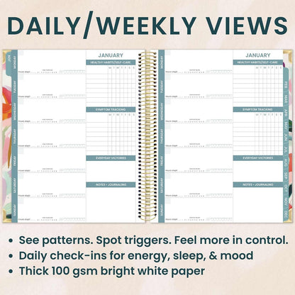 bloom daily planners Undated Chronic Illness Planner & Medical Journal - 12 Month Pain & Symptom Tracker, Mood & Medication Log, Appointment Organizer (7” x 9”) - Chronically Resilient
