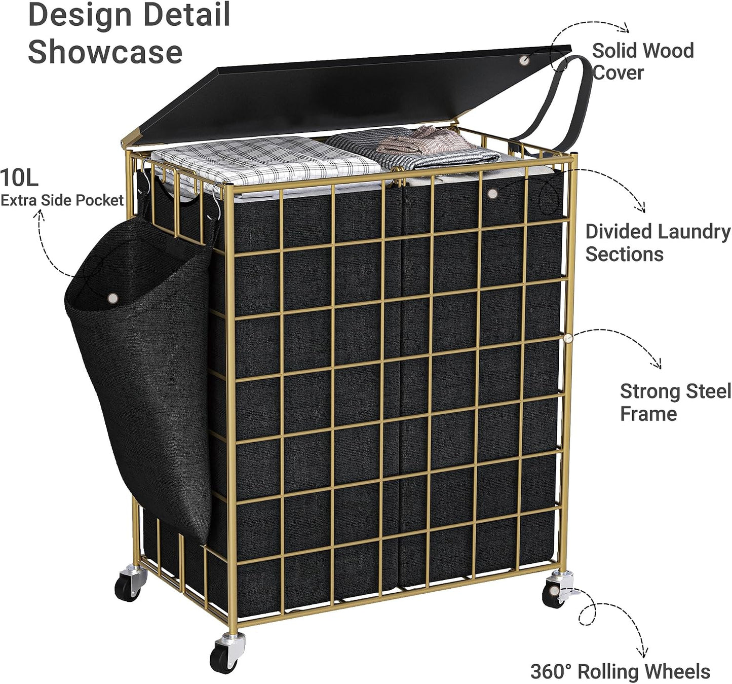 90L Laundry Basket with Wheels, Large Capacity Laundry Hamper with Removable Liner Bags, Heavy Duty Laundry Sorter with Solid Wood Lid & Leather Handles, Grey