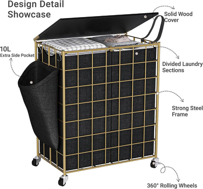 90L Laundry Basket with Wheels, Large Capacity Laundry Hamper with Removable Liner Bags, Heavy Duty Laundry Sorter with Solid Wood Lid & Leather Handles, Grey