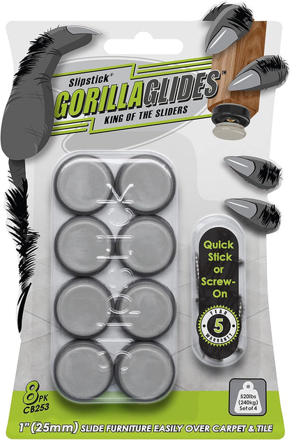 GorillaGlides 1 Inch Chair Sliders/Furniture Floor Protectors (16 Furniture Glides) Self-Adhesive Screw On Chair Glides for Sliding on Low-Pile Carpet & Hard Surface Floors, Round