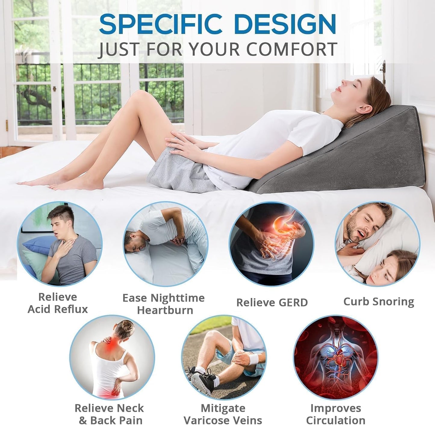 Sasttie Wedge Pillow 24x24x12 inch, Memory Foam Bed Wedge, Cool Grey | Triangle Pillow for Sleeping, Acid Reflux, Back Pain, Post-Surgery, and Snoring, Designed with Removable Washable Cover
