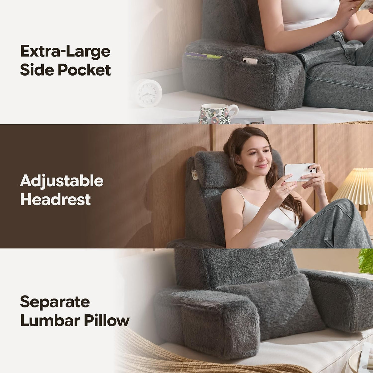 22" X-Large Reading Pillow for Bed Sitting Up with Sturdy Armrests & Supportive 60° Ergonomic Backrest Design for Reading, Gaming, TV & Relaxation