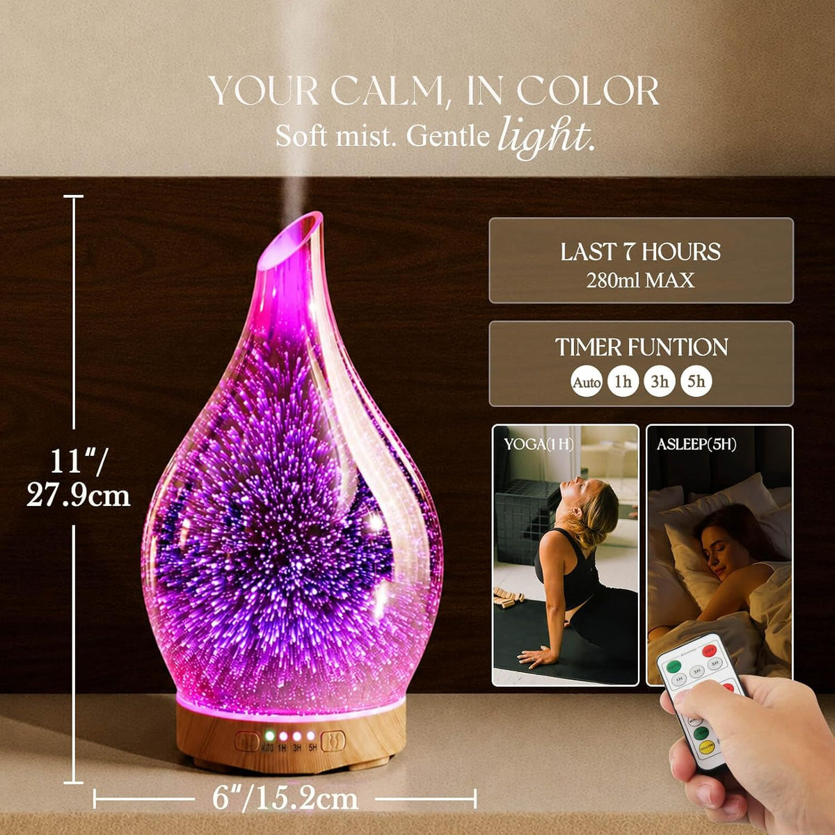 Porseme 280ml Remote Essential Oil Diffuser 3D Glass Ultrasonic Mist 7H