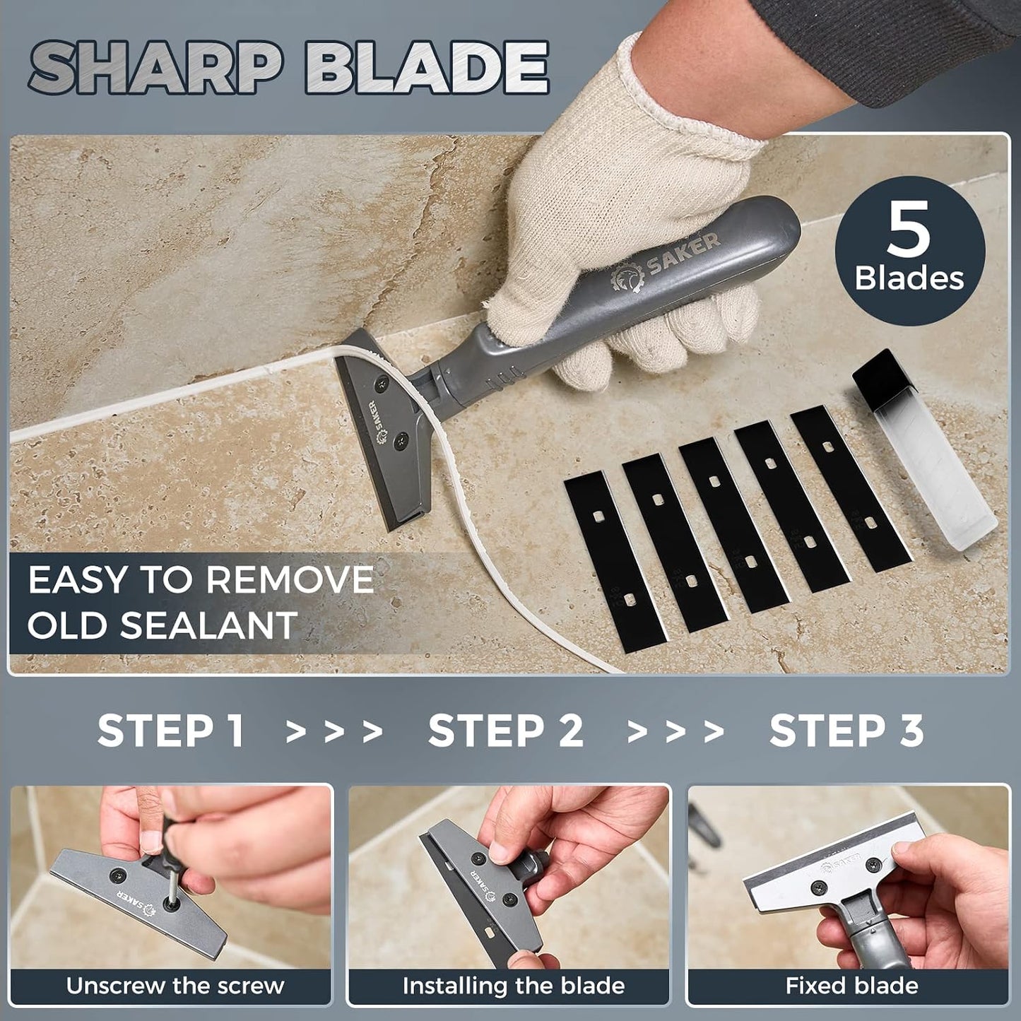 Saker Silicone Caulking Tool 3-in-1 Grout Removal Tool Classic Black | Sealant Finishing Scraper with Stainless Steelhead, Seam Repair Kit for Bathroom, Kitchen, Floor, Window and Sink Joints