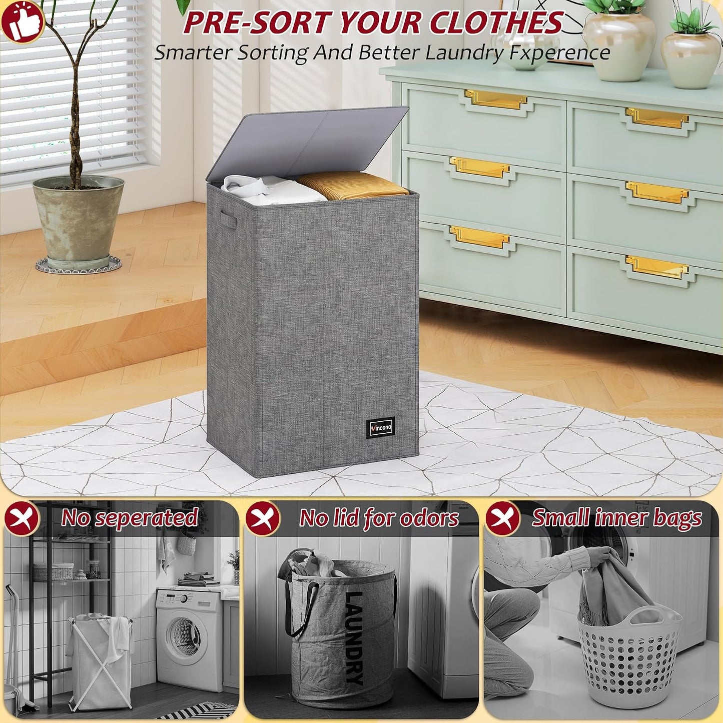 195L Laundry Hamper 3 Section,Large Laundry Hamper with Lid,Dirty Clothes Hamper with 3 Inner Bags,Collapsible Laundry Basket Organizer for Laundry Room,Bedroom,Laundry Sorter Hamper 3 Compartment
