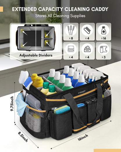 Ytonet Cleaning Caddy Bag, Extra Large Cleaning Supplies Organizer, Black | Detachable Apron & Foldable Dividers, 900D Cleaning Tote with Handle, Portable Cleaner Caddy for Housekeeper, Detailing Bag