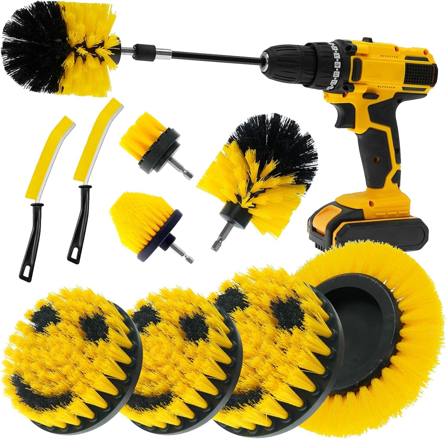 10 Pcs Drill Brush Attachment Set, Drill Scrubber Brush Kit, Drill Cleaning Brush, Scrub Brush for Grout Floor Tub Shower Bathtub Tile Sink Toilet Bathroom Kitchen Car Yellow