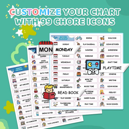 2 in 1 Upgraded Slider Morning/Bedtime Routine Chart for Kids Toddlers - Magnetic Kids Chore Chart for 2 Kids, Dry Erase Chore Chart for Kids, Visual Schedule for Kids with Cute Chore Stickers