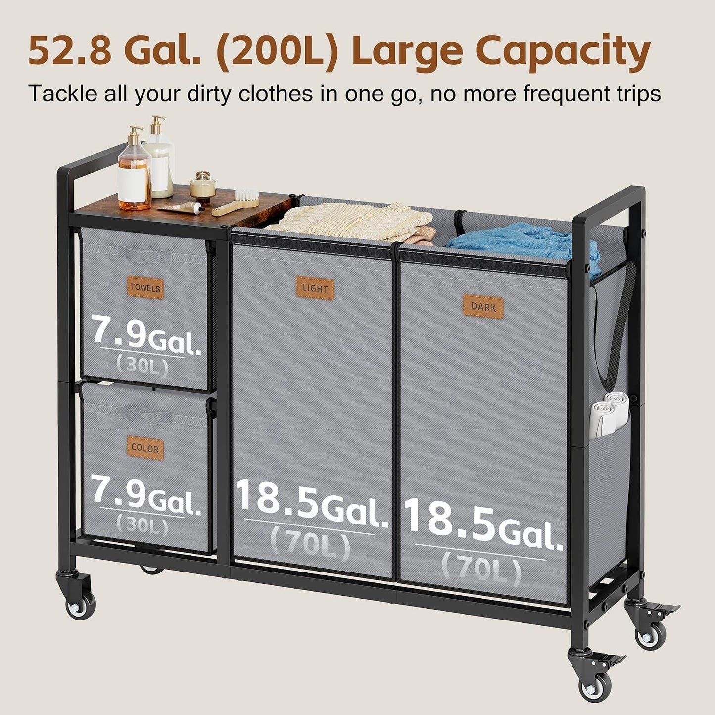 Hoctieon 4 Section Laundry Cart, 52.8 Gal. (200L) Laundry Hamper with Lid, Laundry Basket with Wheels, Rolling Laundry Sorter Organizer with Shelf, Clothes Separator with Removable Bags, Black