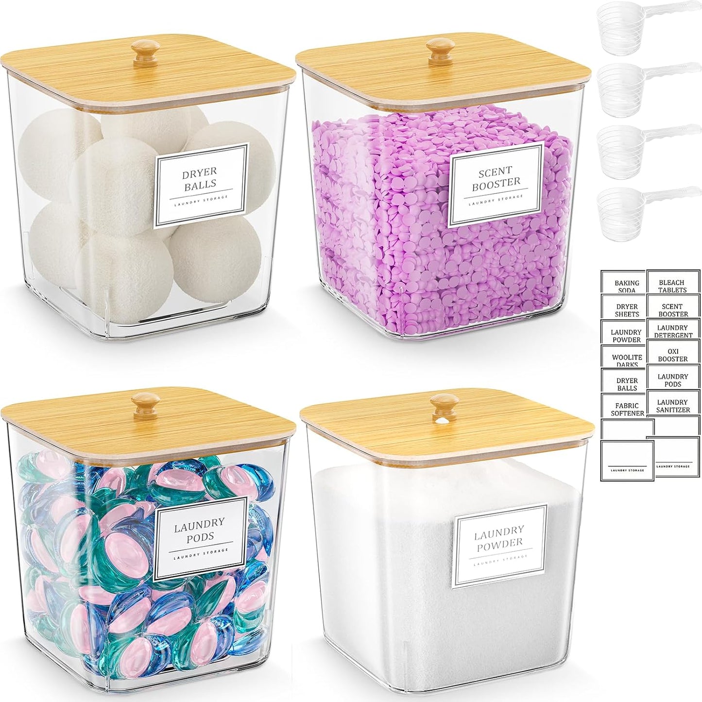 HomePekite Laundry Pods Storage Container, Clear Laundry Room Organization and Storage ,Detergent Powder Container,with Wooden Lids & Labels, 3+1 Pack