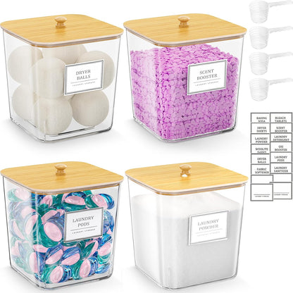 HomePekite Laundry Pods Storage Container, Clear Laundry Room Organization and Storage ,Detergent Powder Container,with Wooden Lids & Labels, 3+1 Pack