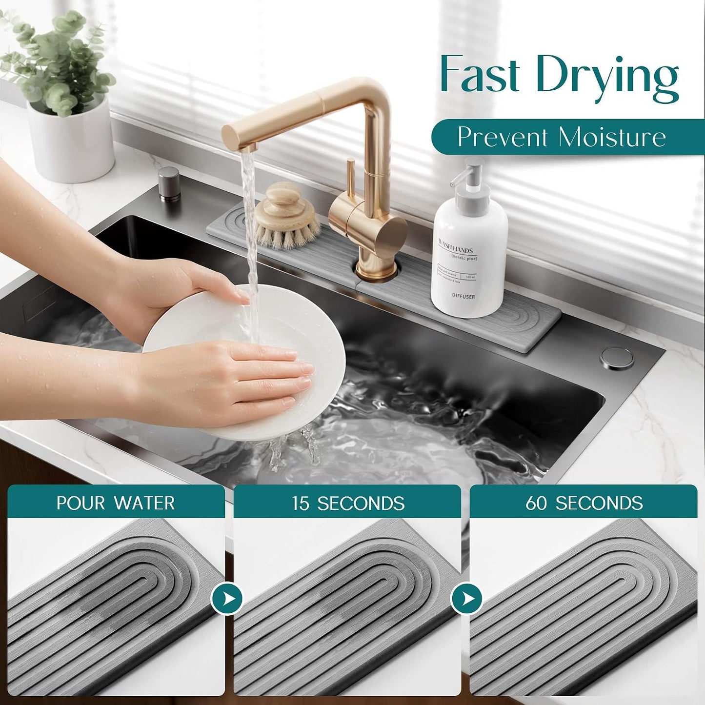 Stone Faucet Mat for Kitchen Sink – Diatomite Drying Stone Mat & Sink Protector, Prevents Moisture – Sink Splash Guard Water-Absorbing Stone Tray for Bathroom Counter (Light Grey, 20" x 3.9")