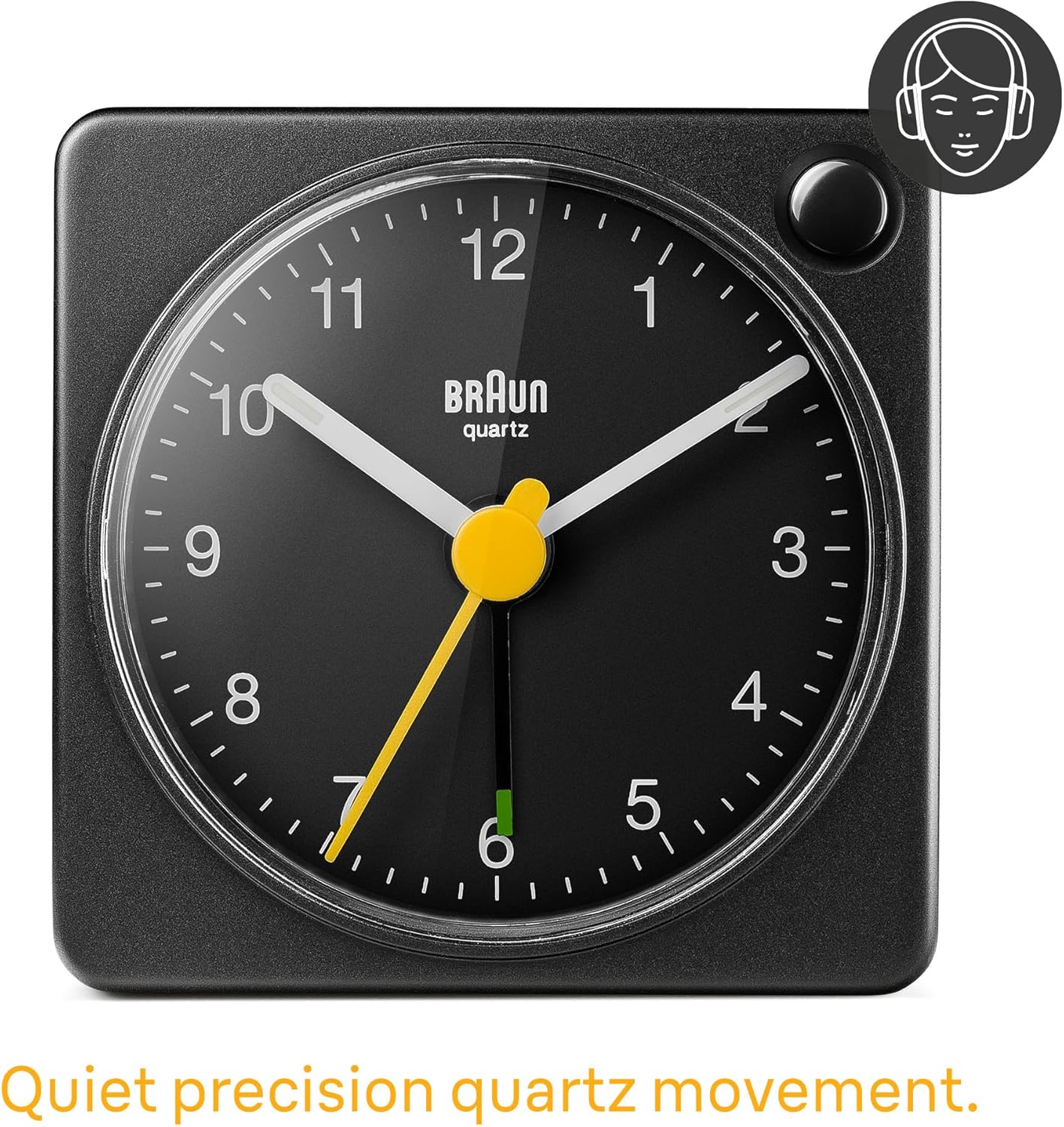 Braun Classic Travel Analogue Alarm Clock with Snooze and Light, Compact Size, Quiet Quartz Movement, Crescendo Beep Alarm in Black, Model BC02XB.