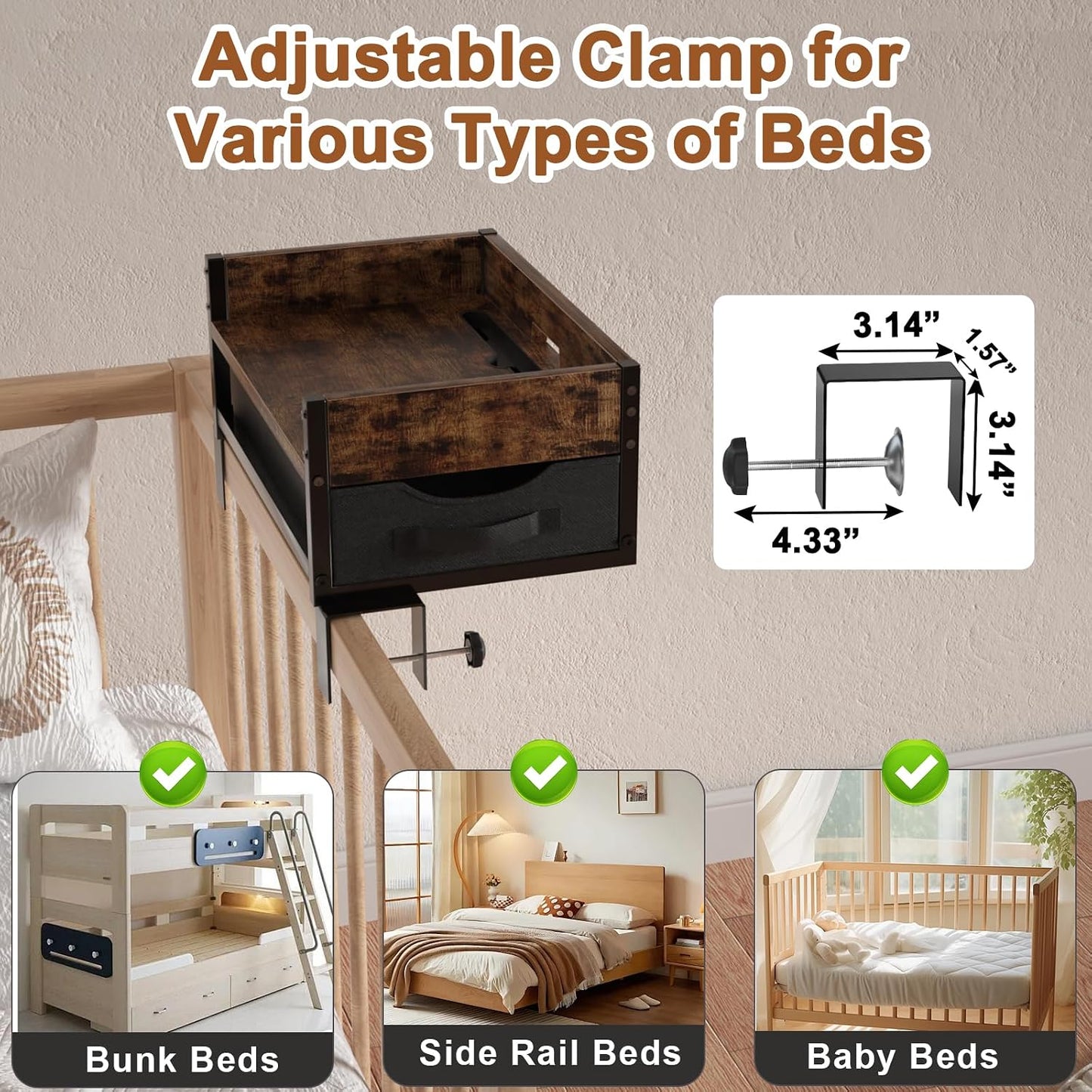 2 Tier Bedside Shelf, Clip on Bedside Caddy Organizer for Dorm Bunk Beds | Floating Nightstand Bed Side Table Storage with Fabric Drawer, Bunk Bed Accessories Bedside Tray for College, Back to School
