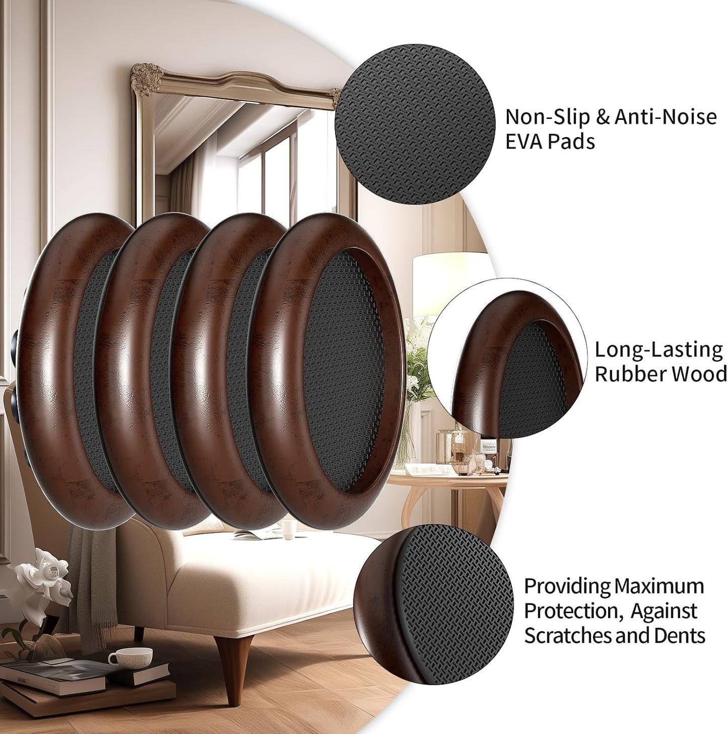 Ezprotekt 2 inch Non Slip Wood Furniture Pads for Hardwood Floors, 4 Pcs Round Anti Slip Furniture Coaster Cups Floor Protectors with Anti-Slide EVA for Chair Sofa Table Bed Couch (Dark Brown)