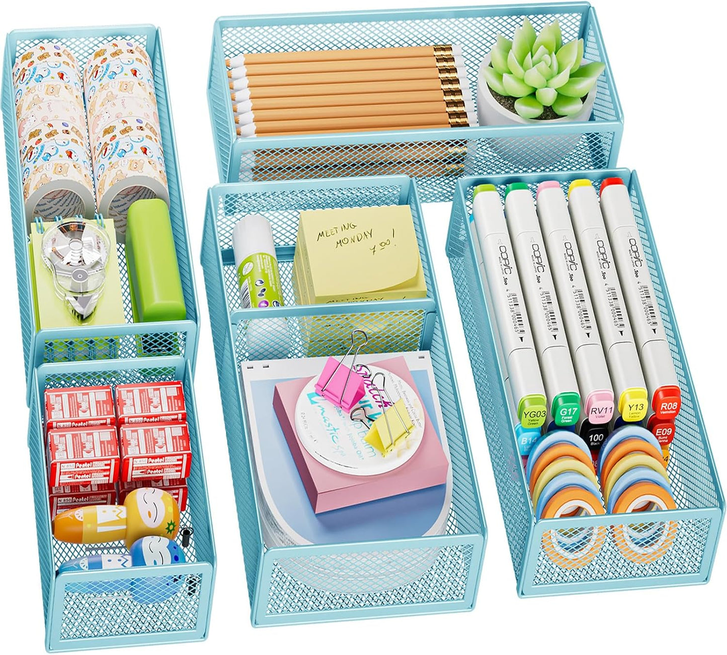 Marbrasse 5 Pack Desk Drawer Organizer Set, Mesh Drawer Storage Trays with 1 Adjustable Divider, Desk Organizers and Accessories, 5 PCS Drawer for Office Supplies, Makeup & Vanity (Black)