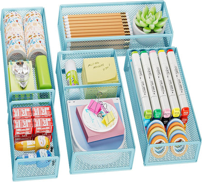 Marbrasse 5 Pack Desk Drawer Organizer Set, Mesh Drawer Storage Trays with 1 Adjustable Divider, Desk Organizers and Accessories, 5 PCS Drawer for Office Supplies, Makeup & Vanity (Black)