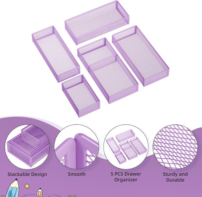 Marbrasse 5 Pack Desk Drawer Organizer Set, Mesh Drawer Storage Trays with 1 Adjustable Divider, Desk Organizers and Accessories, 5 PCS Drawer for Office Supplies, Makeup & Vanity (Black)