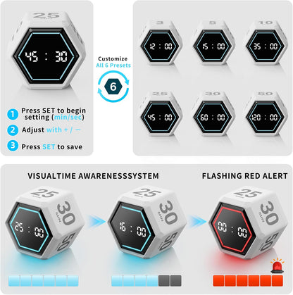 Visual Cube Timer with Visual Countdown, 5 & 25 Min Presets | 6 preset times (25, 5, 3, 10, 30 & 50 min), silent, vibration and sound alerts for study, work and classroom use
