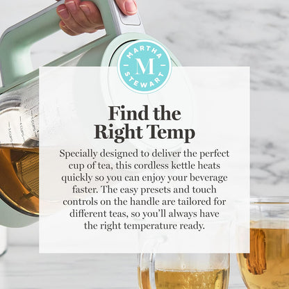 Martha Stewart 1.7L Glass Carafe Electric Kettle with Removable Tea Infuser | 7 Cups, 4 Presets, Rapid Boiling, Stainless Steel Tea Leaf Infuser, Cordless Swivel Base, Keep Warm, Auto Shut-Off, Linen