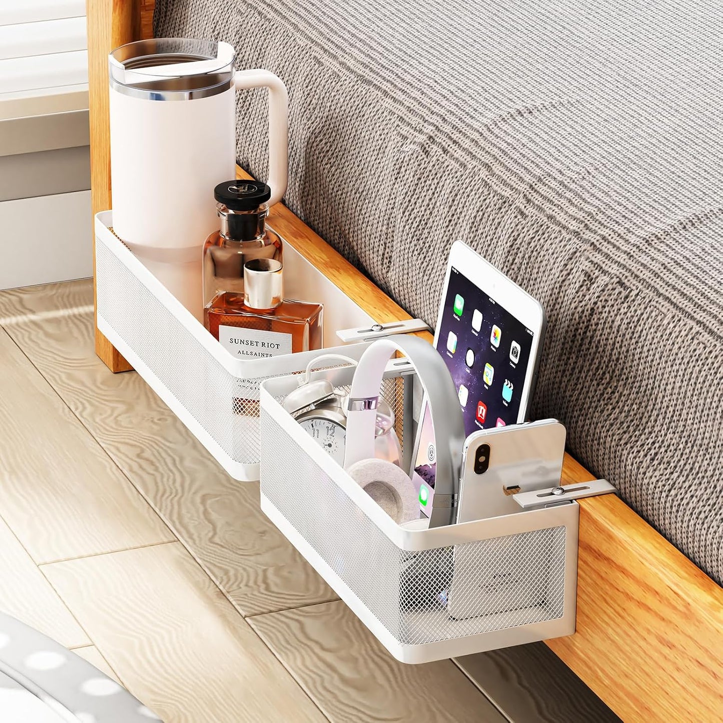 2 Pack Bedside Caddy Organizer,Bunk Bed Shelf, White | Adjustable Clamp-On Structure, Easy to Install, Holds up to 33 lbs, Fits All Types of Beds, College Dorm Room Essentials