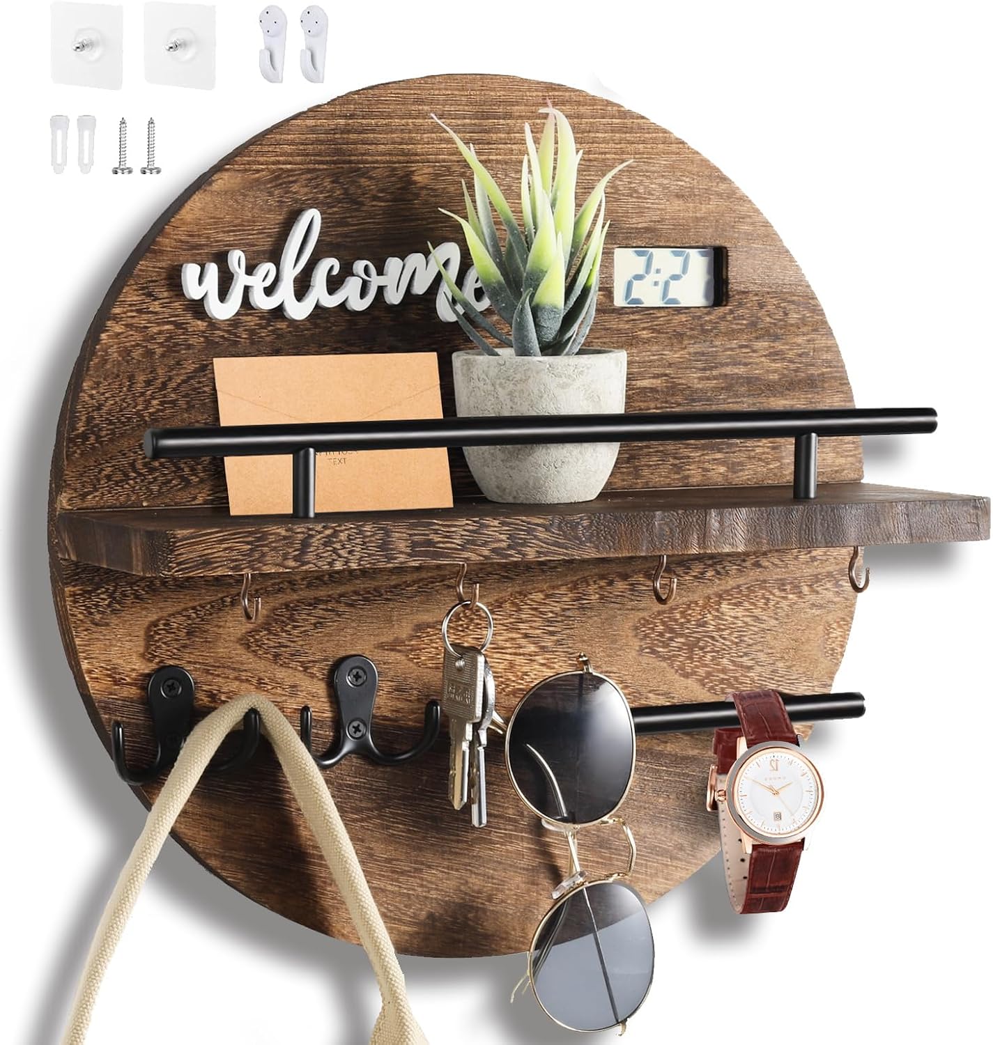 Key Holder for Wall, Key and Mail Holder Organizer with - Key Holder Wall Mount - Round Wooden Rustic Home Decor for Entryway, Mudroom, Hallway, Kitchen Office (Black)
