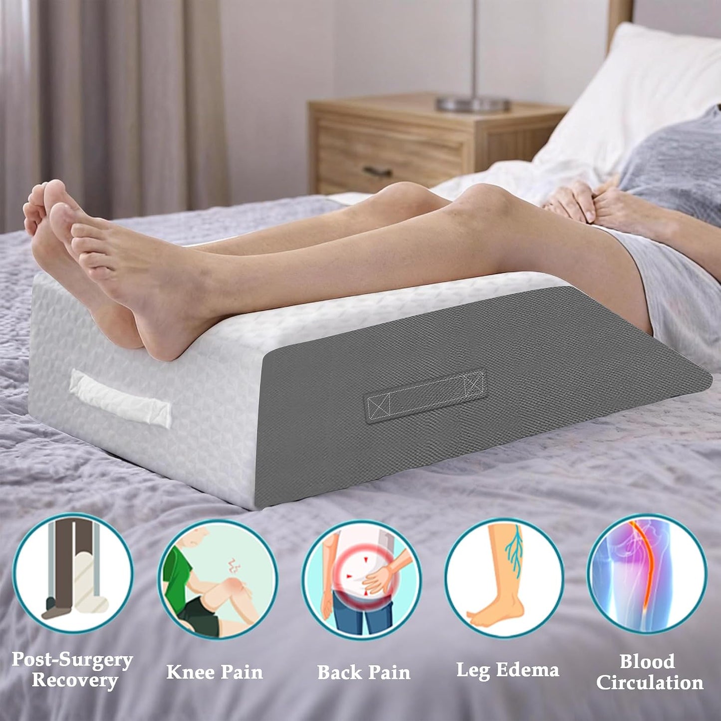 8" Leg Elevation Pillow, Memory Foam Wedge Pillow for Leg & Knee Support | Knee, Hip & Ankle Support. Elevates Legs For Comfortable Sleeping, Resting, And Recovery With A Supportive Wedge Shape.