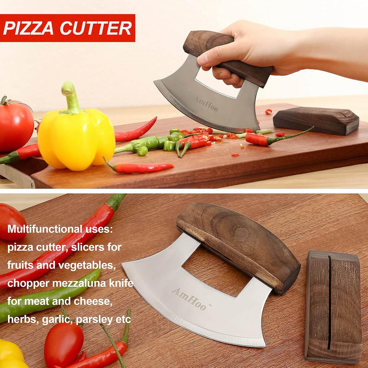 Pizza Cutter Chef Mezzaluna Ulu Knife Handle Color Wood Grip Sharp Rocker Slicer Stainless Steel Blade Salad Onion Vegetable Chopper with Holder Base Christmas Gifts