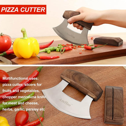 Pizza Cutter Chef Mezzaluna Ulu Knife Handle Color Wood Grip Sharp Rocker Slicer Stainless Steel Blade Salad Onion Vegetable Chopper with Holder Base Christmas Gifts