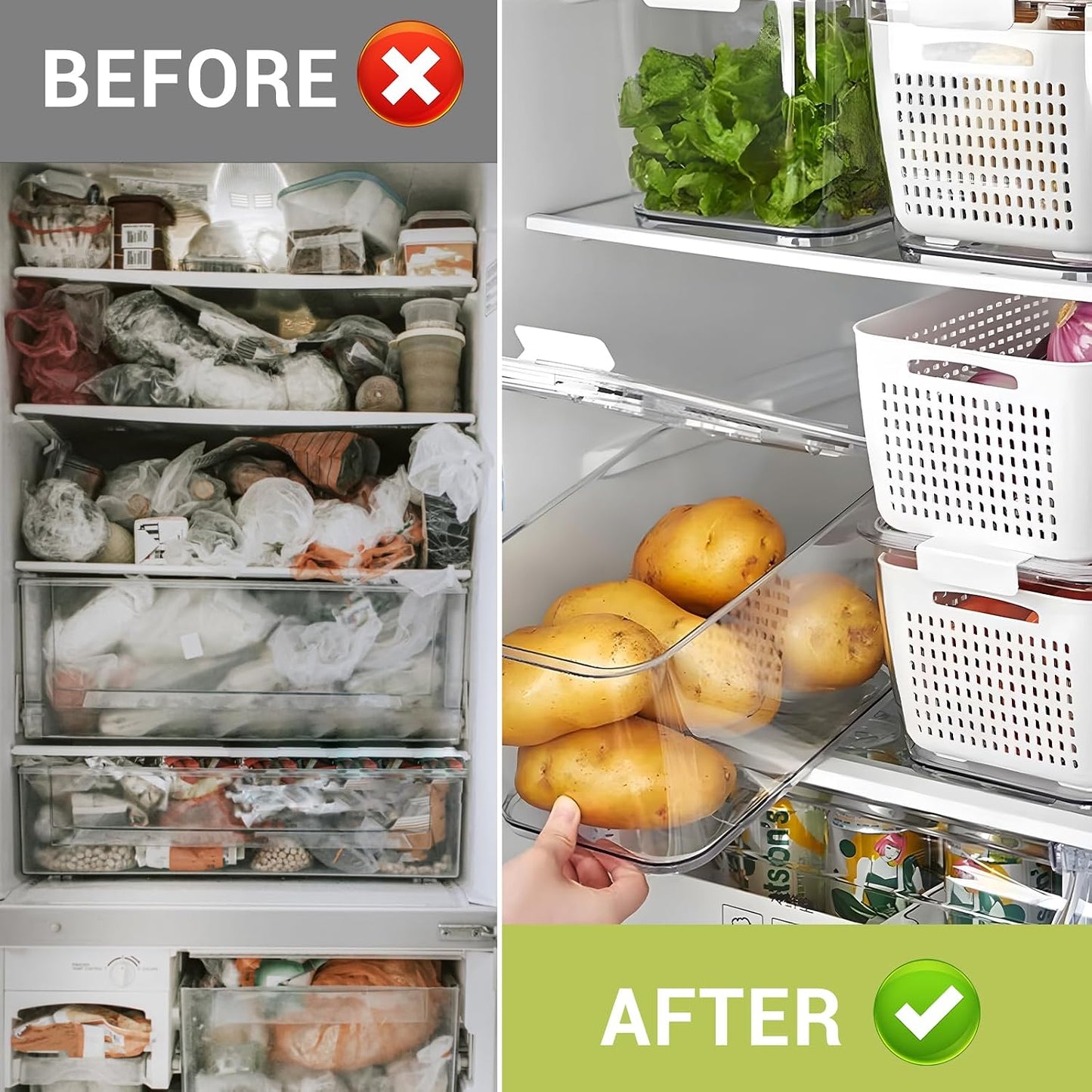 LUXEAR 4 Pack Fruit Vegetable Containers for Fridge, Produce Saver Container with Lids &Removable Colander BPA-free Refrigerator Storage Organizer for Fruit Vegetable, Berry, Meat keep Fresh Longer | BPA Free with Removable Colanders Leak-proof Fridge
