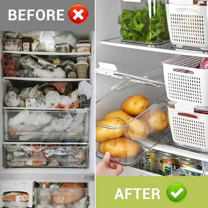 LUXEAR 4 Pack Fruit Vegetable Containers for Fridge, Produce Saver Container with Lids &Removable Colander BPA-free Refrigerator Storage Organizer for Fruit Vegetable, Berry, Meat keep Fresh Longer | BPA Free with Removable Colanders Leak-proof Fridge