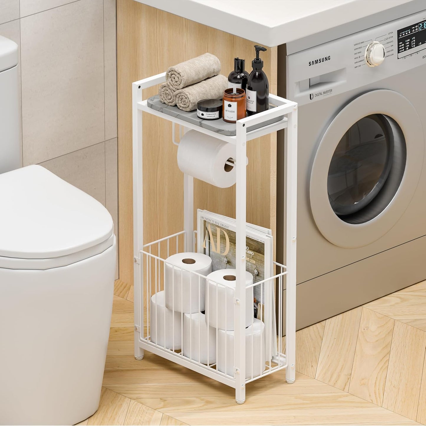 Freestanding Toilet Paper Holder with Storage Shelf | Bathroom Tissue Stand with Space for Phone, Tablet, and Magazines – All-in-One Toilet Roll Dispenser and Organizer