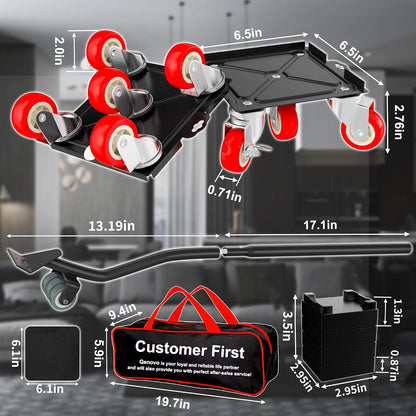 1,500 lb Capacity Furniture Dolly Set, 5.3-Inch Platforms, Red | Carbon Steel Dollies Feature Five Quiet Wheels, Including Locking Casters, Plus a Pry Bar for Washers, Sofas and Cabinets.