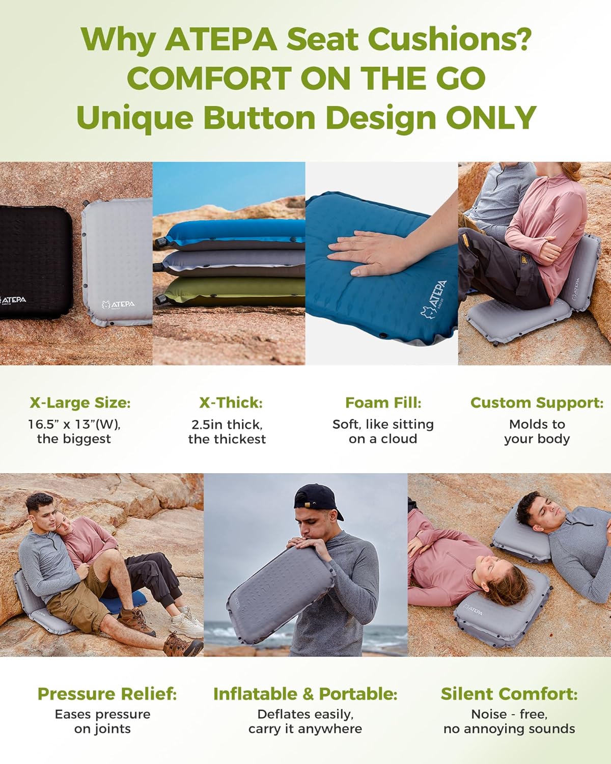 ATEPA Inflatable Seat Cushion | 2" & 2.5" foam core seat pad, Self inflating, Compact, Stadium, Airplane, Travel, Camping, Hiking, Sports events