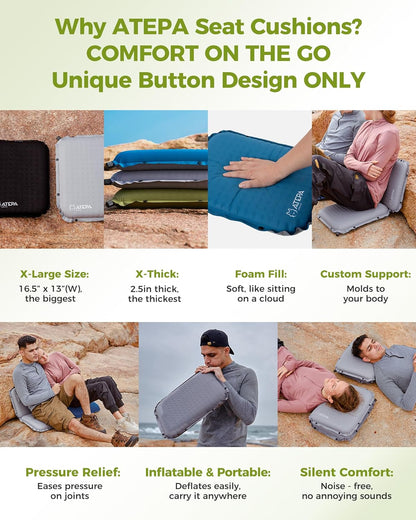 ATEPA Inflatable Seat Cushion | 2" & 2.5" foam core seat pad, Self inflating, Compact, Stadium, Airplane, Travel, Camping, Hiking, Sports events