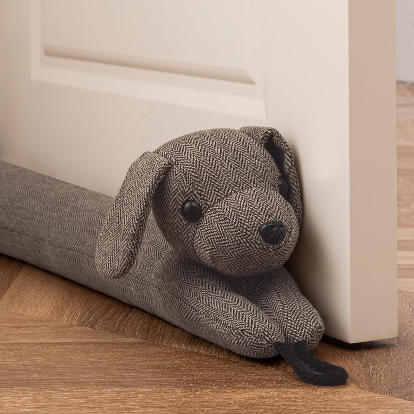 habibee Door Draft Stopper, Weighted Noise Blocker 38 in Coffee Dog | Robust Herringbone Fabric, Weighted Sandbags, Bouncy Cotton Filling, Blocks Light & Dust, Tool-free Setup, Animal Home Decor