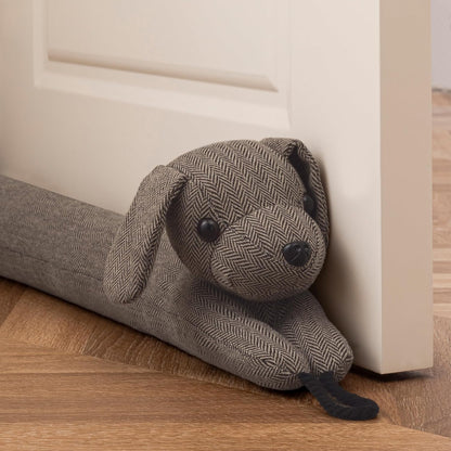 habibee Door Draft Stopper, Weighted Noise Blocker 38 in Coffee Dog | Robust Herringbone Fabric, Weighted Sandbags, Bouncy Cotton Filling, Blocks Light & Dust, Tool-free Setup, Animal Home Decor