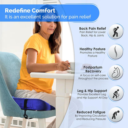 Gel Seat Cushion – Navy Blue Flannel Pillow with Velvet Removable Cover – Ergonomic Sponge Support for Office with Adjustable Strap