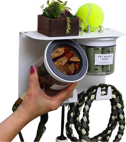 Dog Leash Holder for Wall with Shelf — Wall Mounted Dog Treat Holder & Station, 2 Airtight 32oz Treat Containers, 9 Hooks, Patented Lidless Slide-to-Seal Jars, Solid Steel, Made in USA