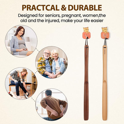 Shoe Horn Long Handle for Seniors 19.7" Shoehorn for Men, Women, Kids, Pregnancy, with Wall Hooks - Black Walnut