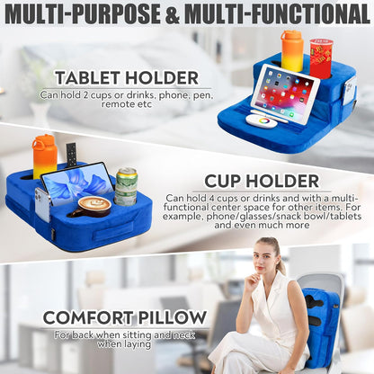 Couch Cup Holder Tray Pillow - Bed, Couch Caddy, Sofa, RV & Car - Holds Drinks, Snacks, Remotes, Phones, Kindle, Tablet | Bed Cup Holder (Grey)