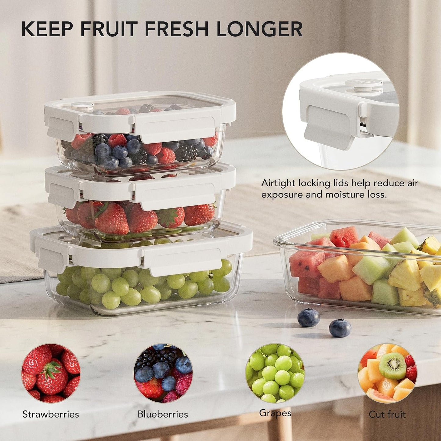 Glass Produce Storage Containers for Fridge, 2-Pack – Airtight Fruit & Vegetable Containers with Removable Colanders, Flexible Silicone Lids,LeakProof, BPA-Free Borosilicate Glass