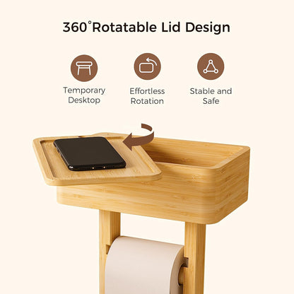 4-in-1 Black Toilet Paper Holder Stand with Storage Shelf Box, 360° Rotating Bamboo Free Standing Toilet Tissue Roll, Toilet Wipes Dispenser Organizer, Temporary Desktop for Bathroom (Patent) | 360° Rotating Bamboo Free Standing Toilet Tissue Roll,